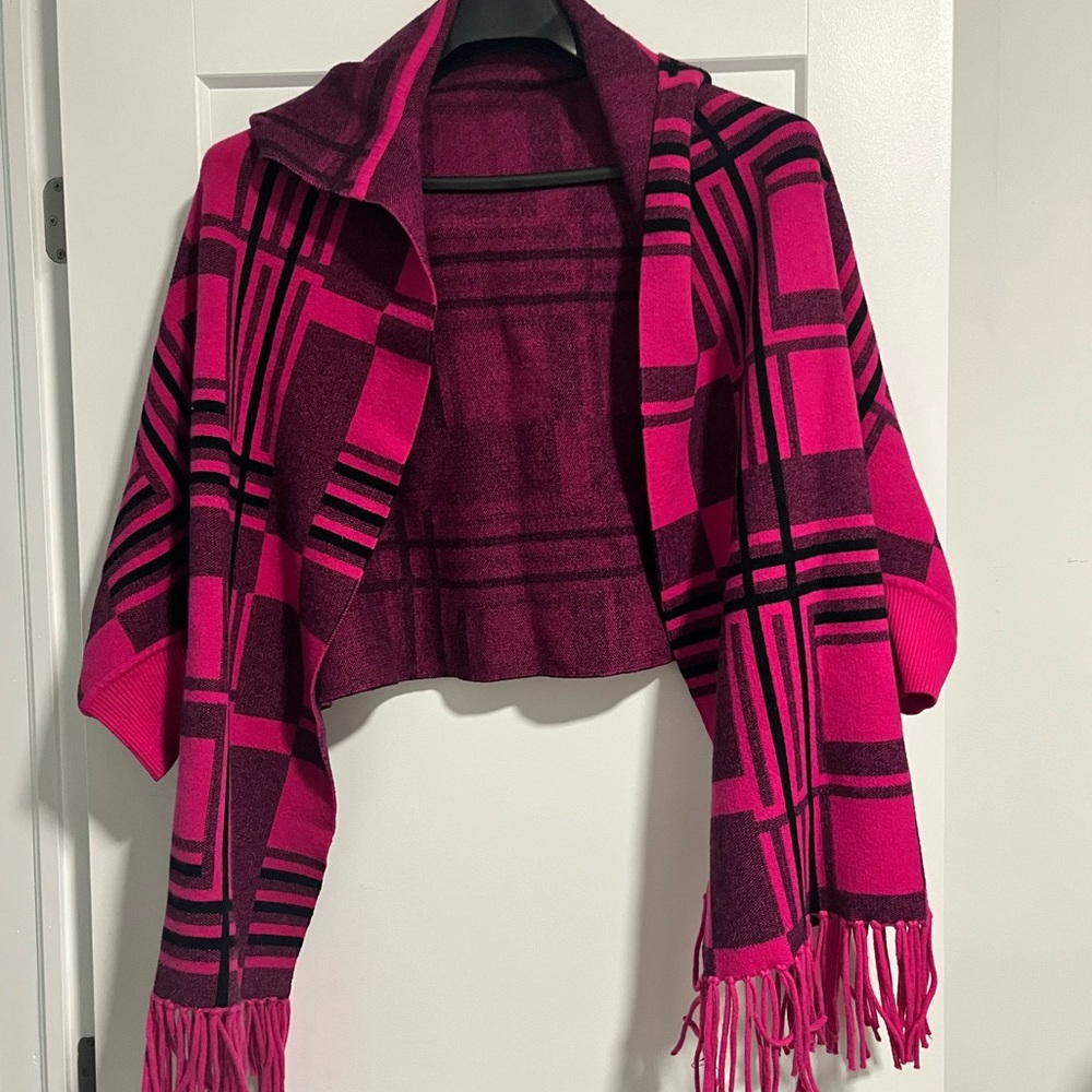 Womens Half Sweater Open Poncho Hoodie Scarf Pink and Black One Size